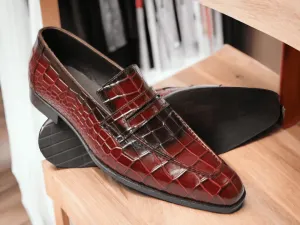 Men's Hand Painted Red Alligator print Shoes, Slip On Penny Loafer Shoes