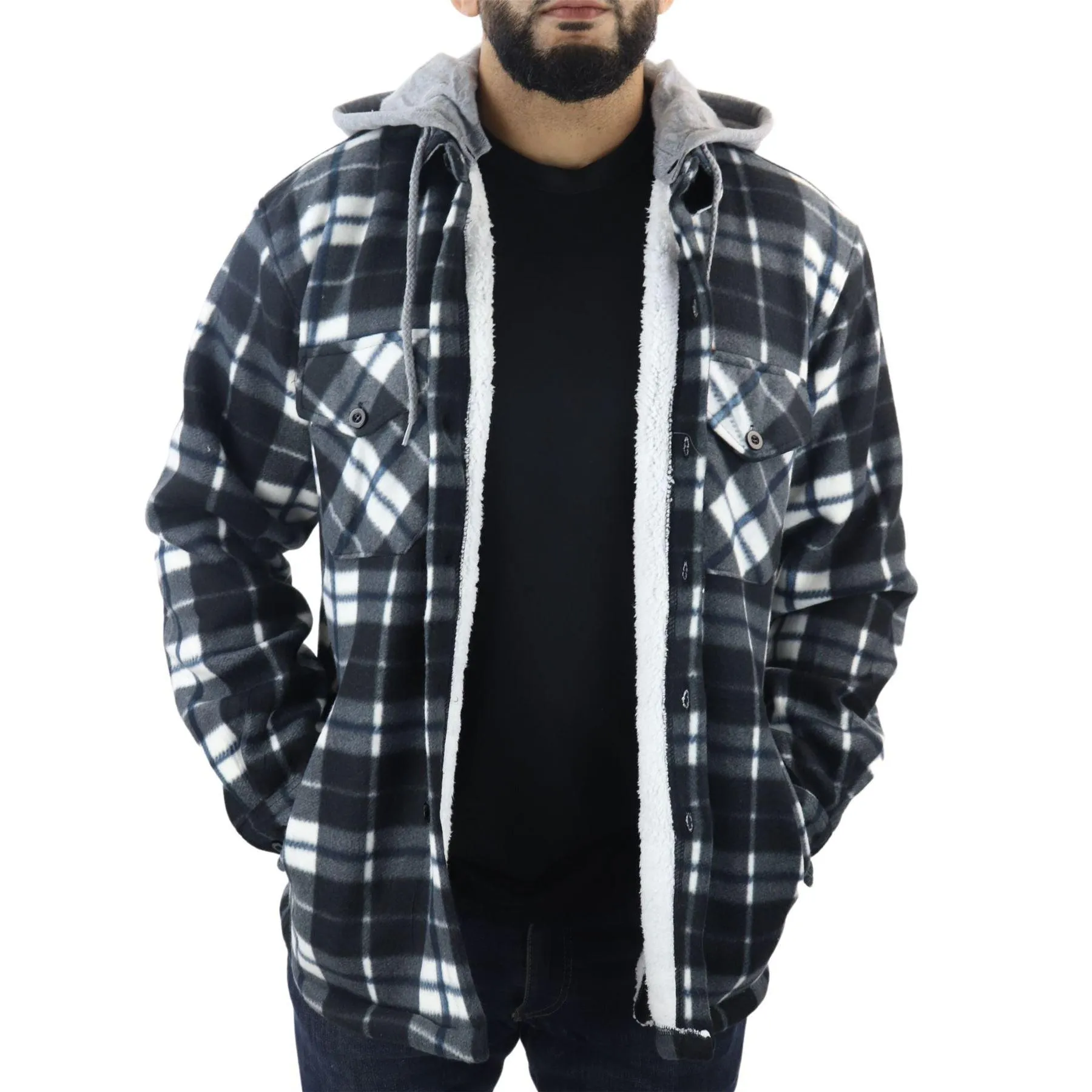 Men's Jumper Thermal Fleece Fur Lined Lumberjack Removable Hooded Buttoned Check Winter Shirt