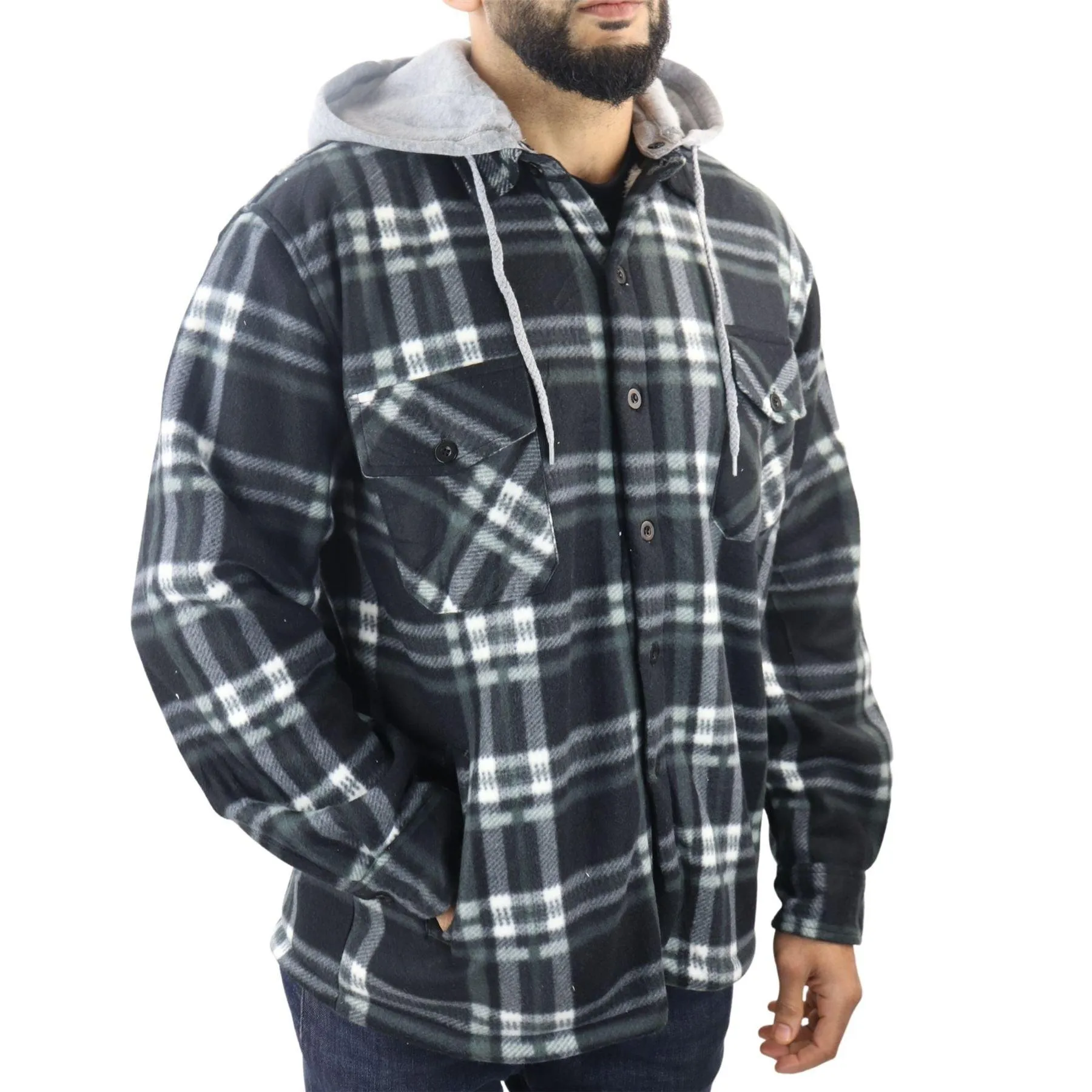 Men's Jumper Thermal Fleece Fur Lined Lumberjack Removable Hooded Buttoned Check Winter Shirt