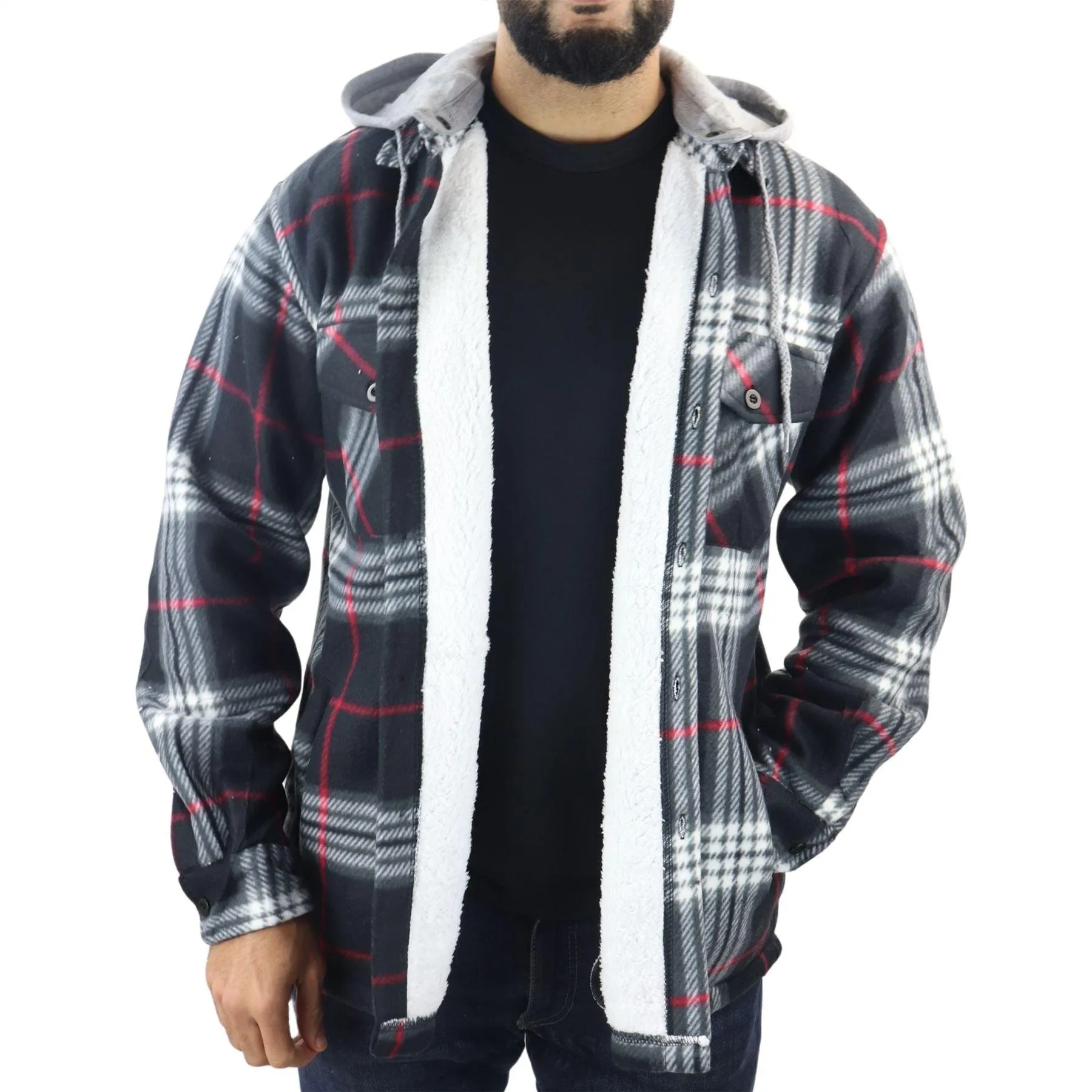 Men's Jumper Thermal Fleece Fur Lined Lumberjack Removable Hooded Buttoned Check Winter Shirt