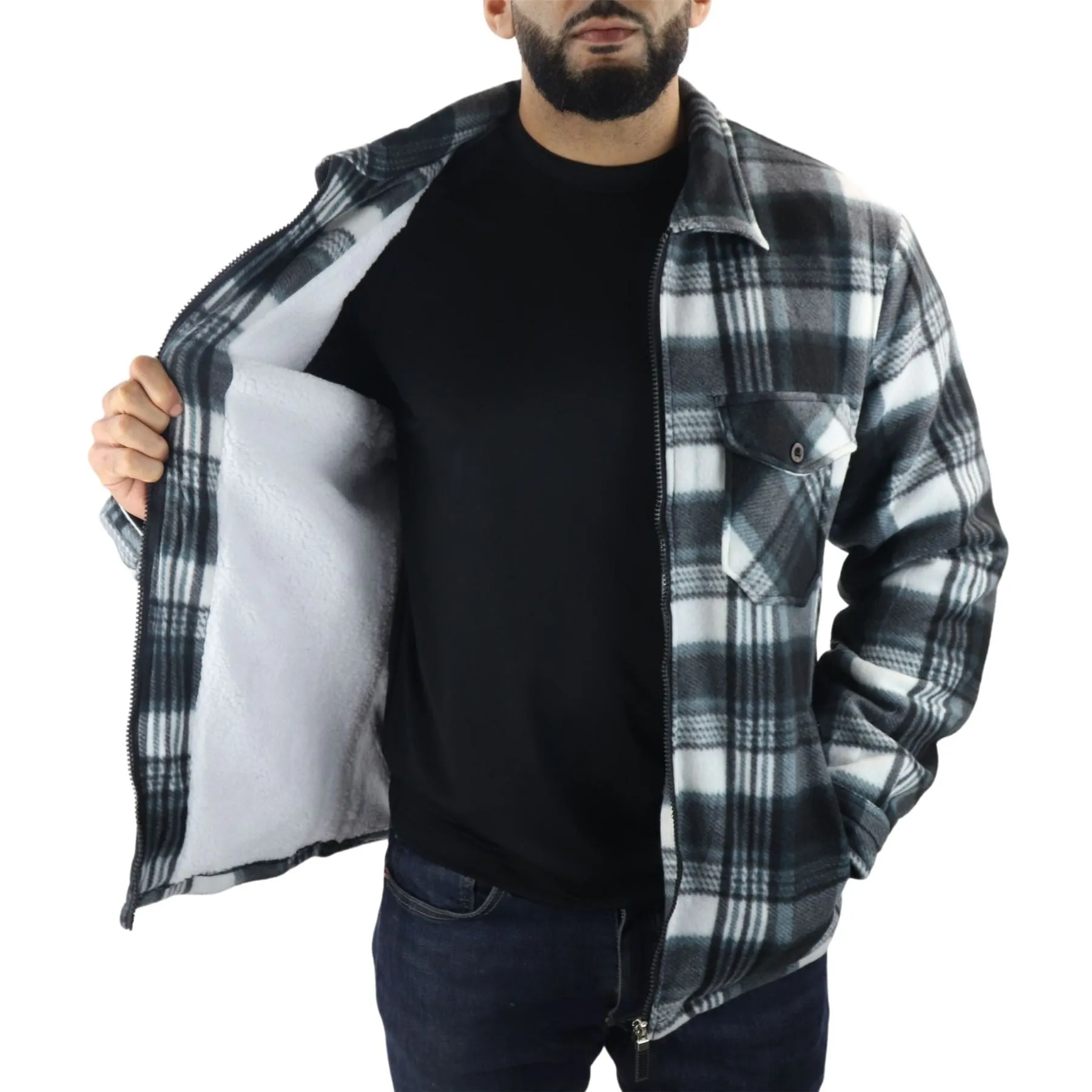 Men's Jumper Thermal Fleece Fur Lined Lumberjack Zipped Check Winter Shirt