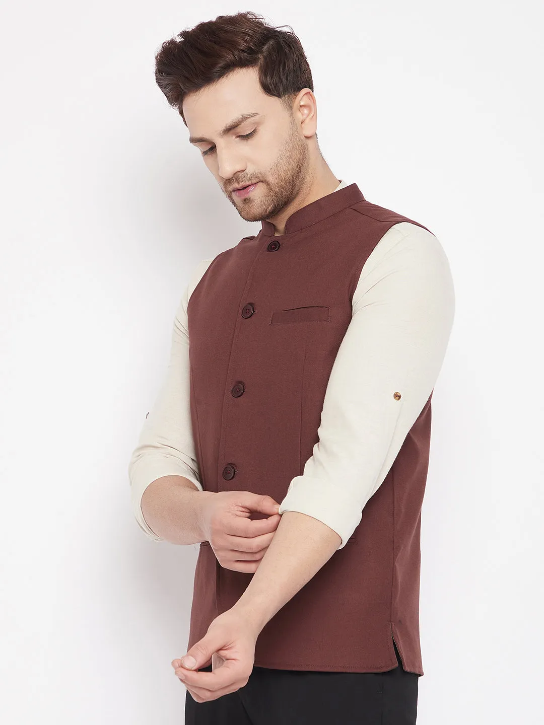 Men's Maroon Color Woven Nehru Jacket - Even Apparels