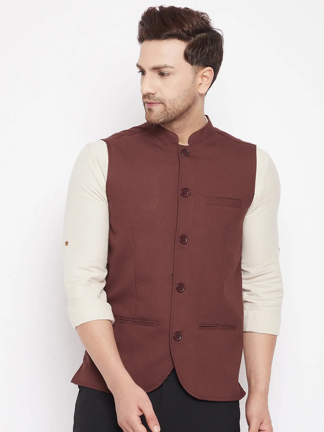 Men's Maroon Color Woven Nehru Jacket - Even Apparels