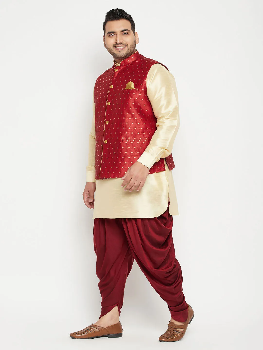 Men's Plus Gold, Maroon And White Silk Blend Jacket Kurta Pyjama Set - Vastramay