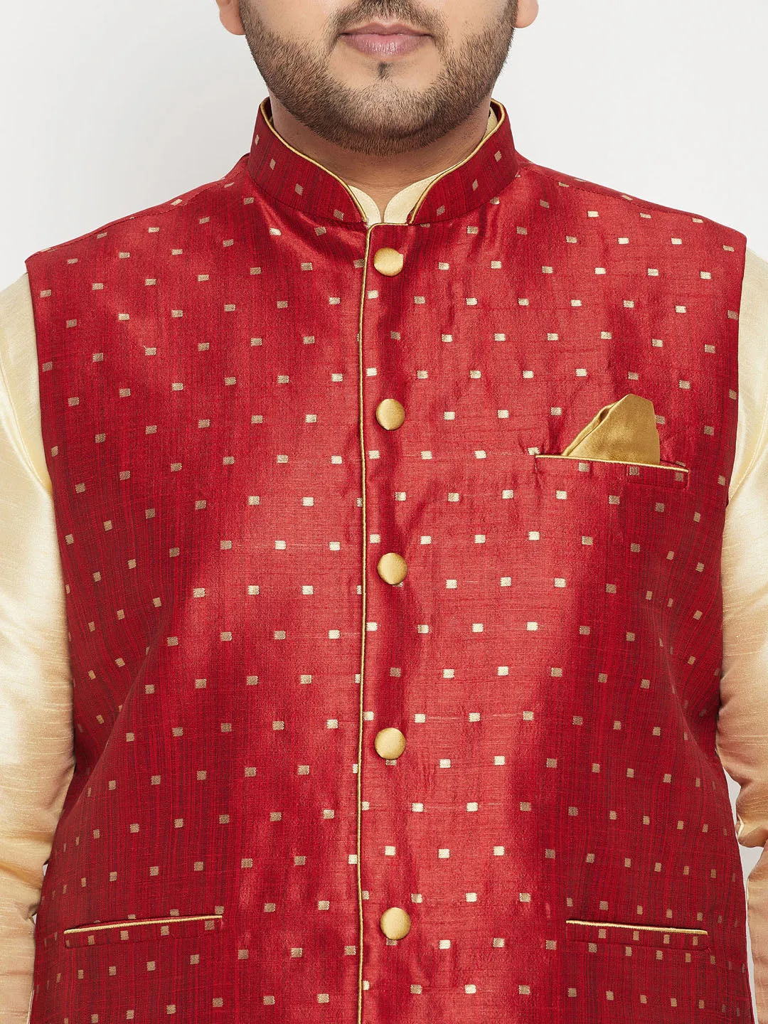 Men's Plus Gold, Maroon And White Silk Blend Jacket Kurta Pyjama Set - Vastramay