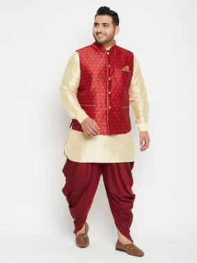 Men's Plus Gold, Maroon And White Silk Blend Jacket Kurta Pyjama Set - Vastramay