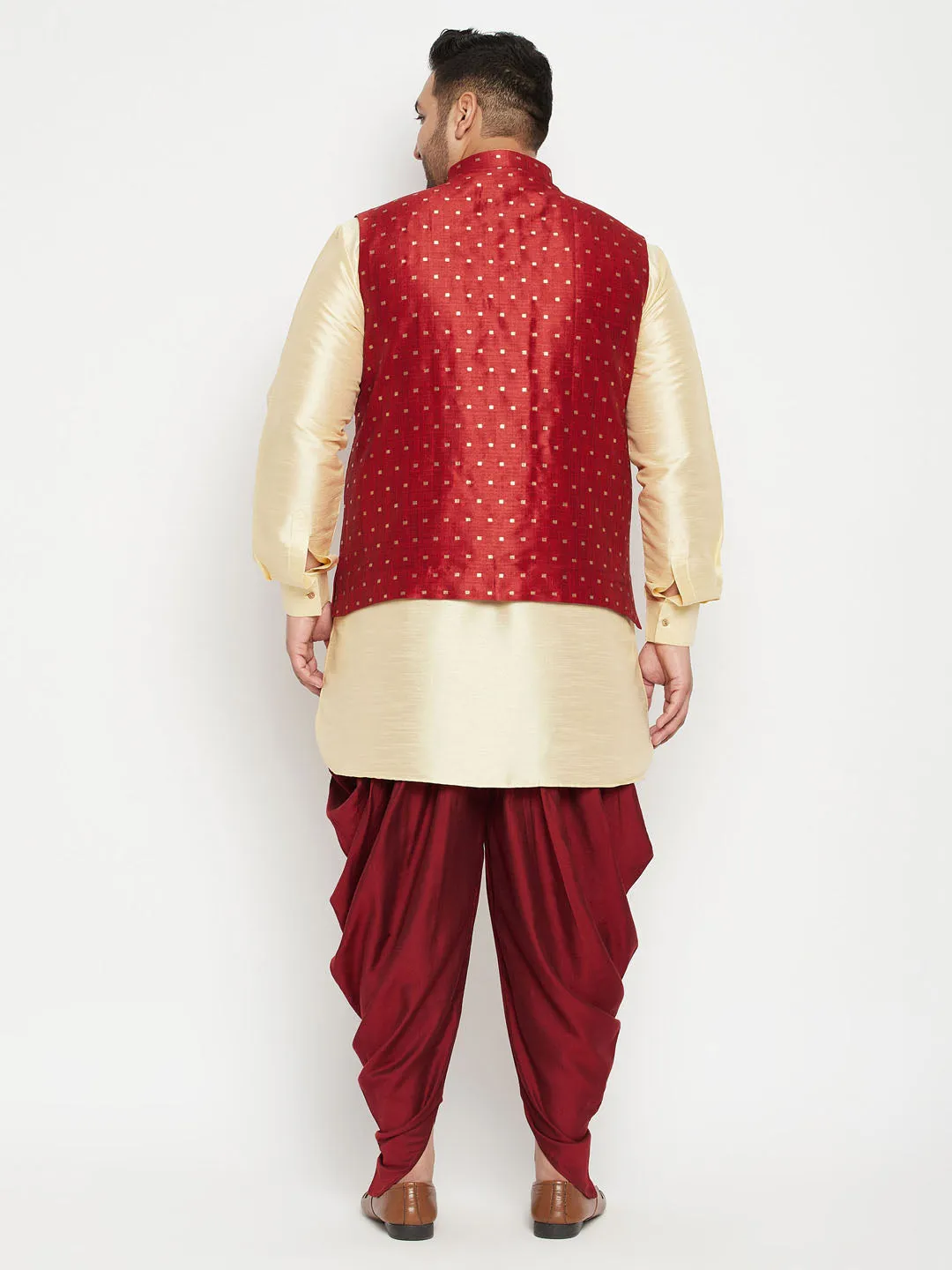 Men's Plus Gold, Maroon And White Silk Blend Jacket Kurta Pyjama Set - Vastramay