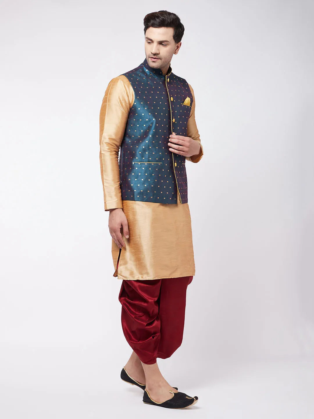 Men's Rose Gold,Blue And Maroon Silk Blend Jacket, Kurta And Dhoti Set - Vastramay