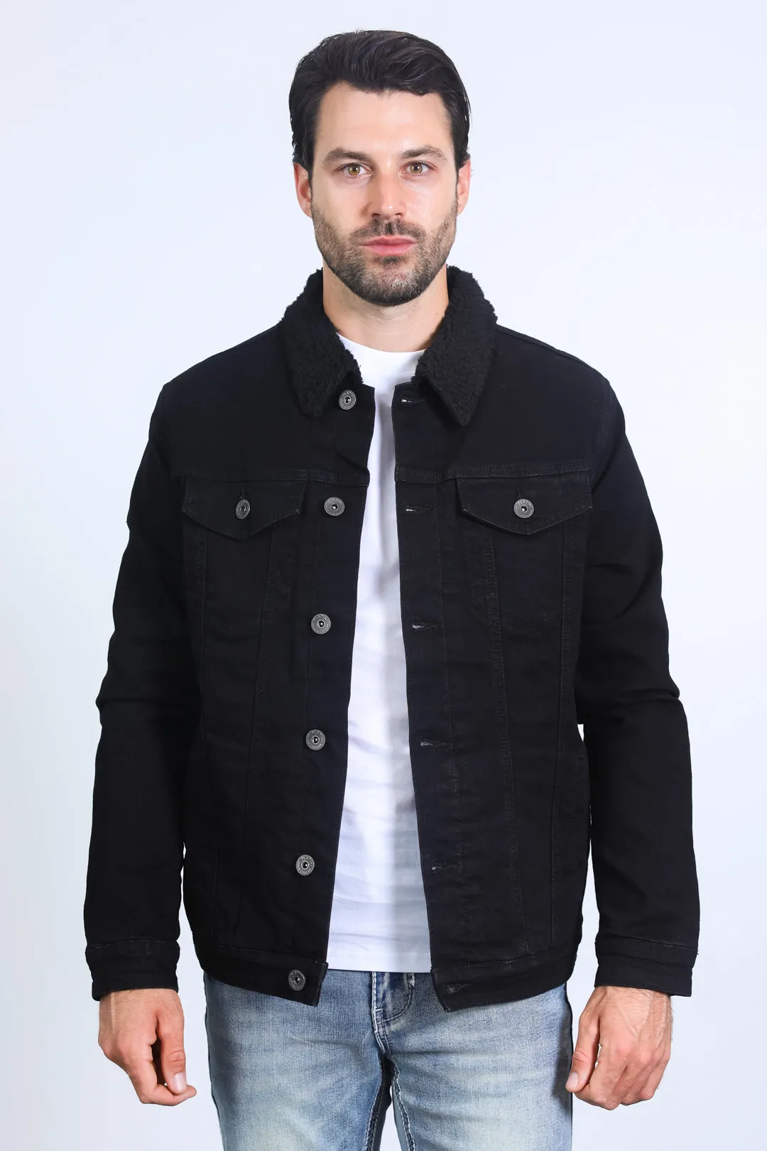 Mens Sherpa Lined Denim Jacket - Black