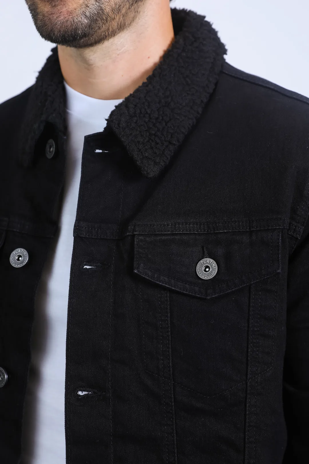 Mens Sherpa Lined Denim Jacket - Black