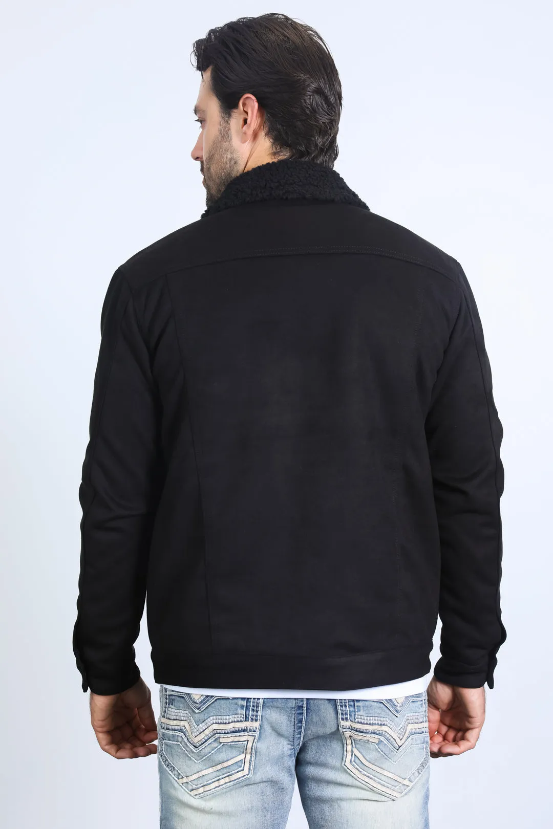 Mens Sherpa Lined Faux Suede Jacket - Black