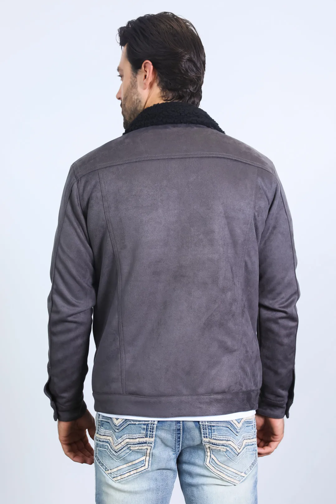 Mens Sherpa Lined Faux Suede Jacket - Charcoal