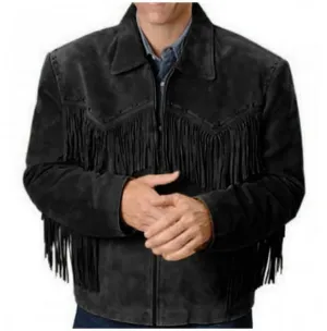 Men's Simple Style Western Suede Jacket Black Fringe Jacket Coat, Men Jacket