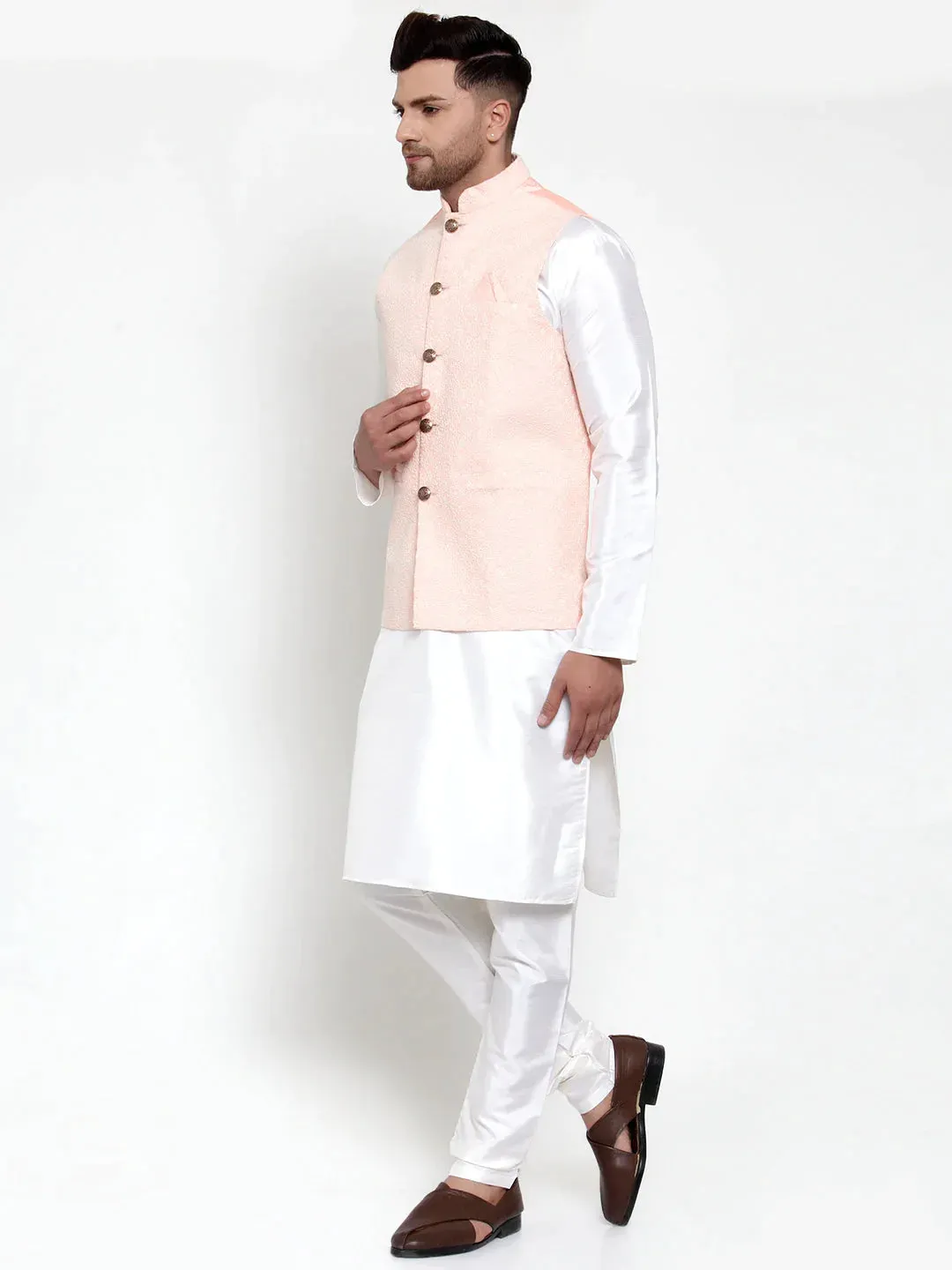 Men'S Solid Dupion Kurta Pajama With Embroiderd Nehru Jacket