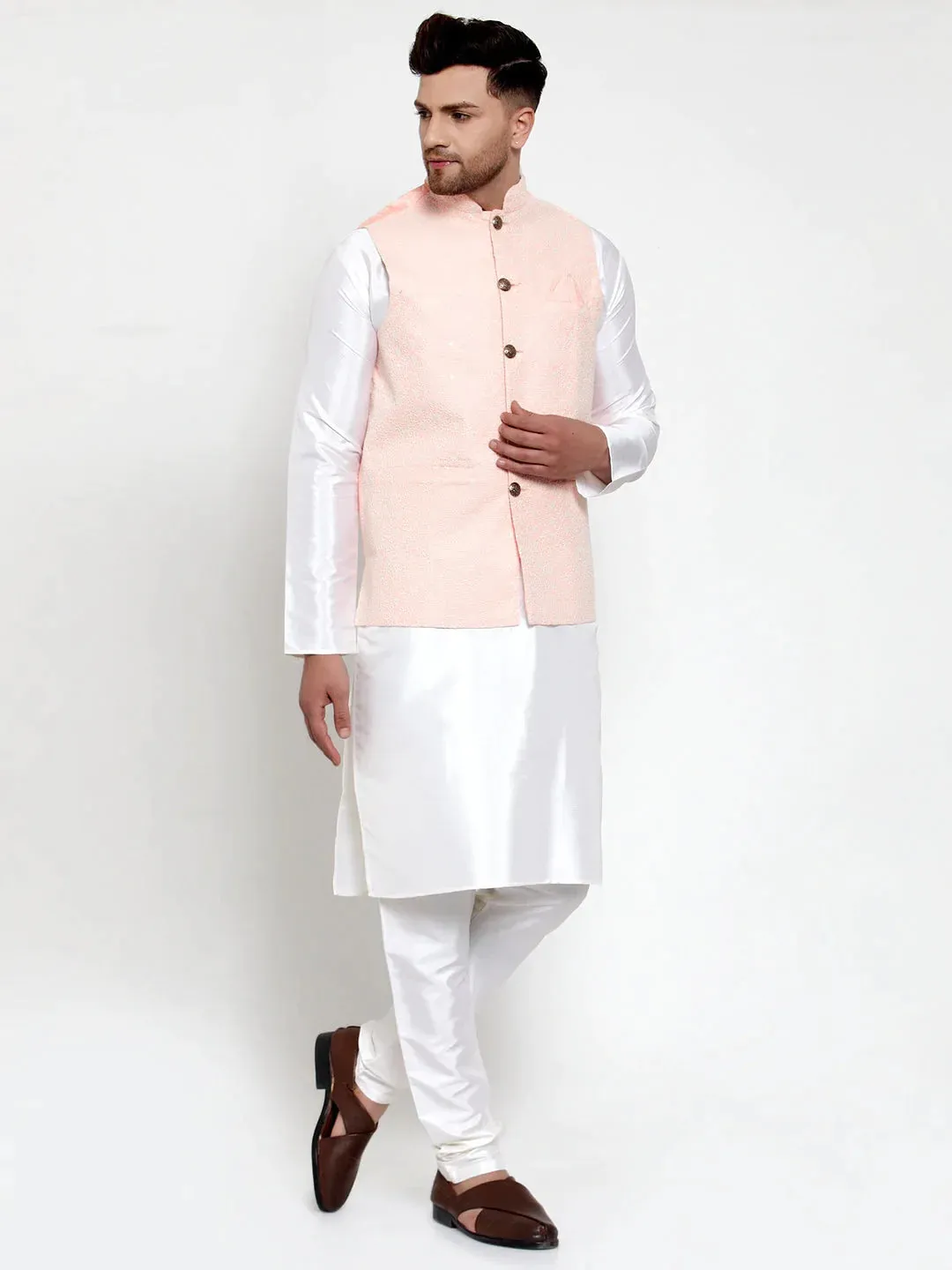 Men'S Solid Dupion Kurta Pajama With Embroiderd Nehru Jacket