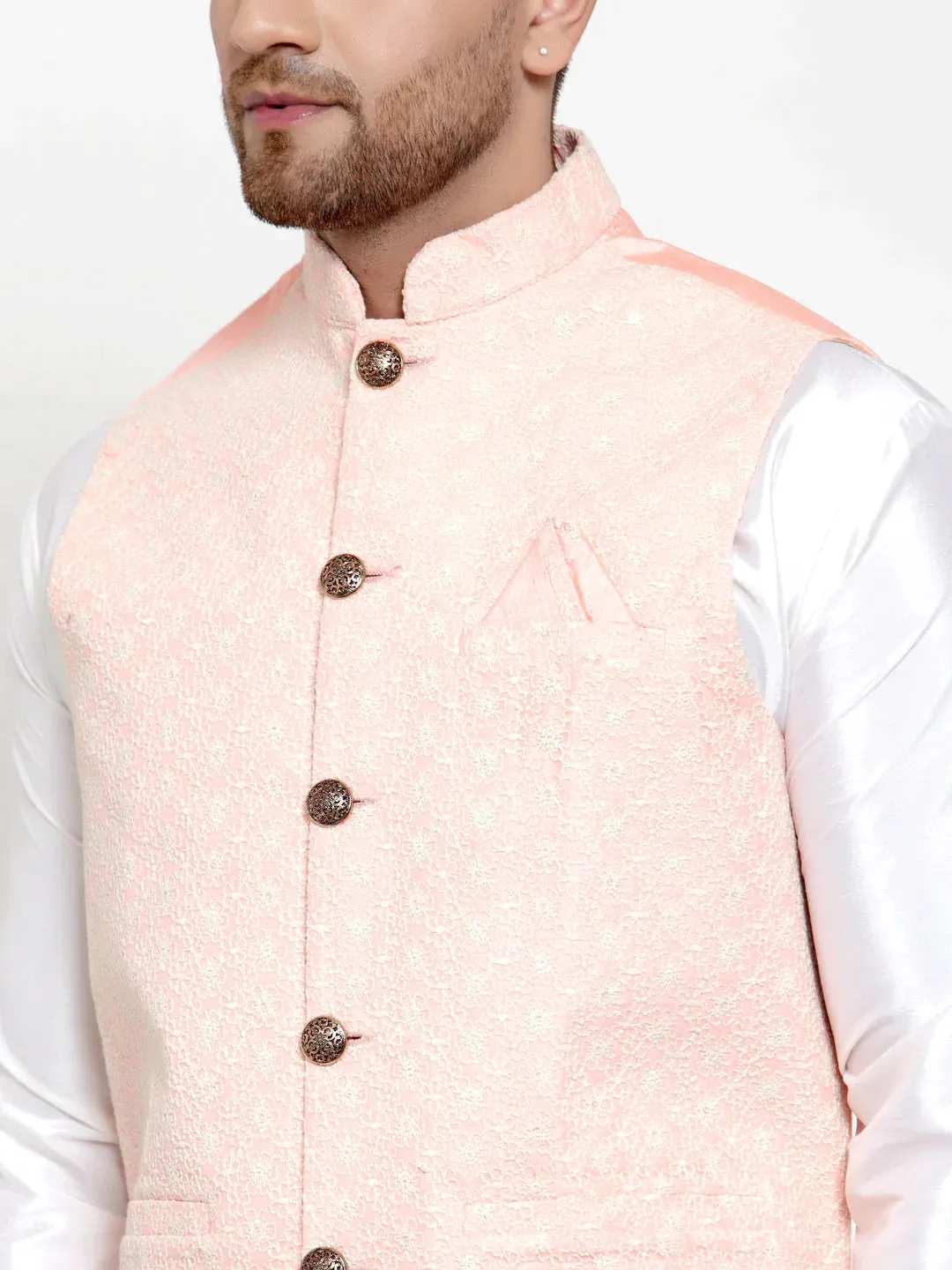 Men'S Solid Dupion Kurta Pajama With Embroiderd Nehru Jacket