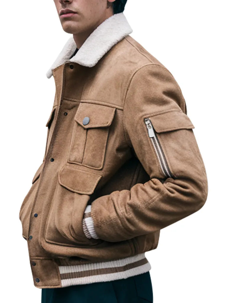 Men's Tan Suede Bomber Jacket With Sherpa Collar