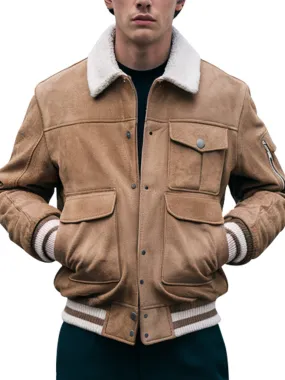 Men's Tan Suede Bomber Jacket With Sherpa Collar