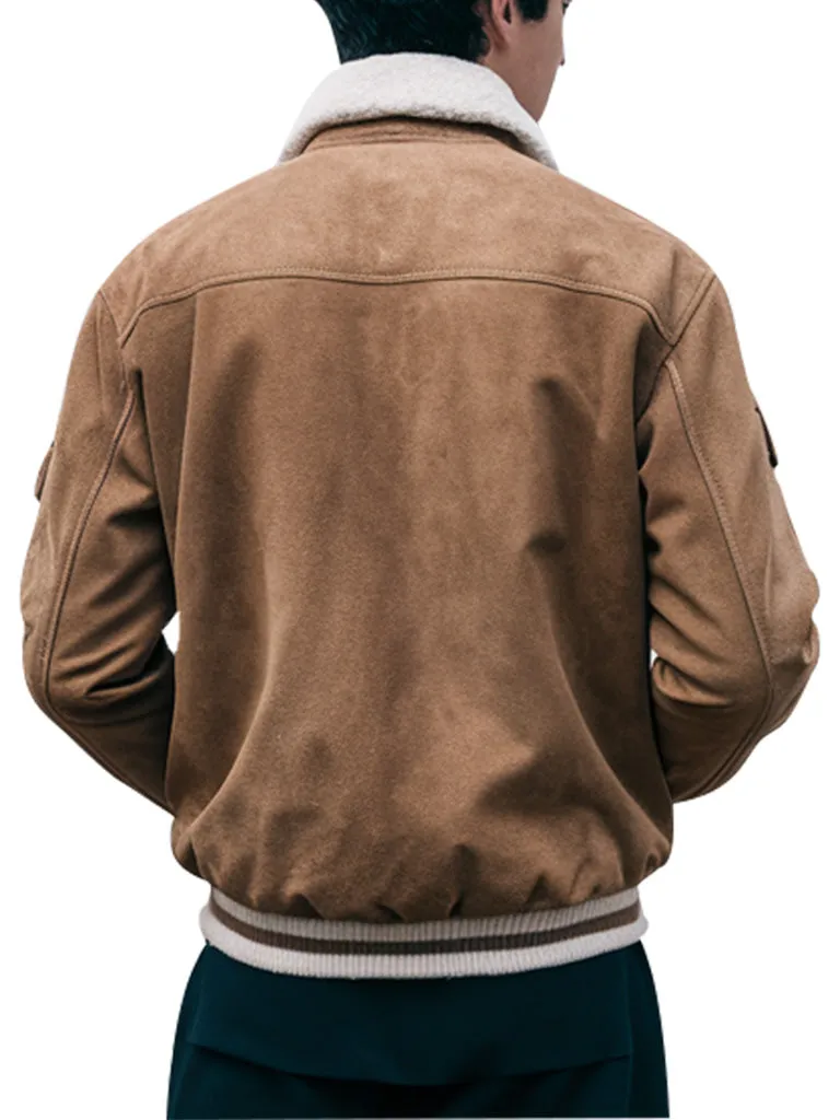 Men's Tan Suede Bomber Jacket With Sherpa Collar