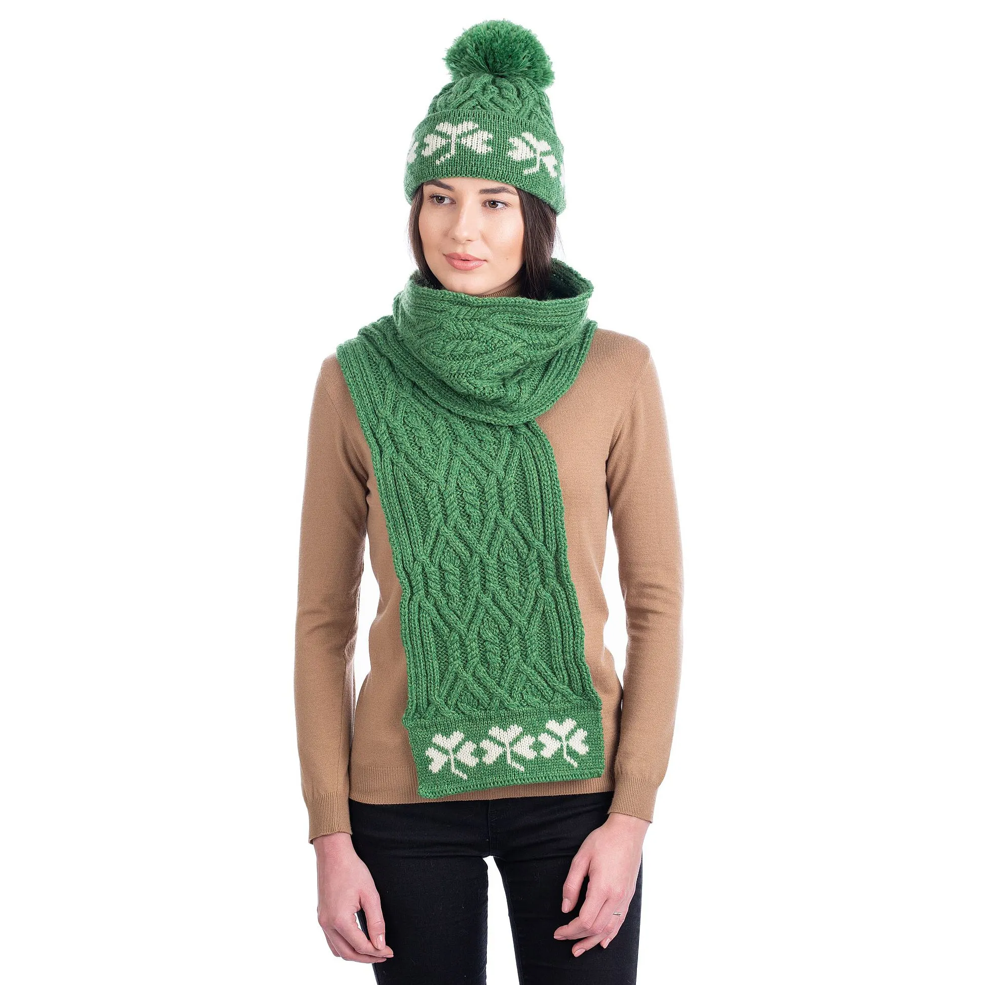 Merino Patchwork Knit Irish Scarf with Shamrock Design