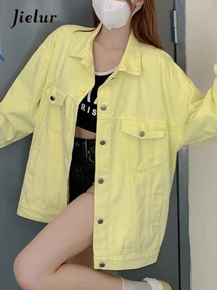 Metaversmall Pink Gradient Denim Coat Korean New Tie Dye Loose Long Sleeve Yellow Jacket Fashion Top Women's Coat Female Casual S-XL