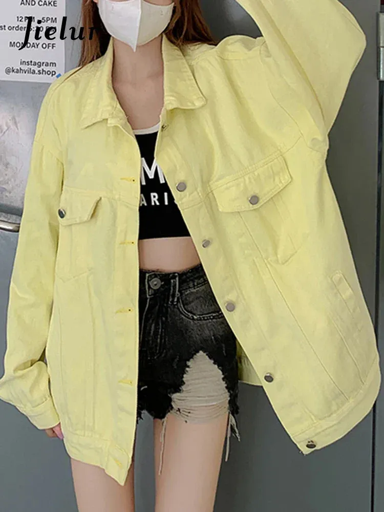 Metaversmall Pink Gradient Denim Coat Korean New Tie Dye Loose Long Sleeve Yellow Jacket Fashion Top Women's Coat Female Casual S-XL