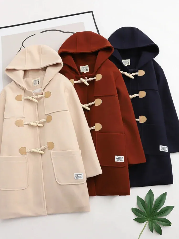 Metaversmall Winter Women Wool Blends Coat Straight Long Hooded Coats Jacket  Horn Button  Sleeve Preppy Style Female Warmness Outwears