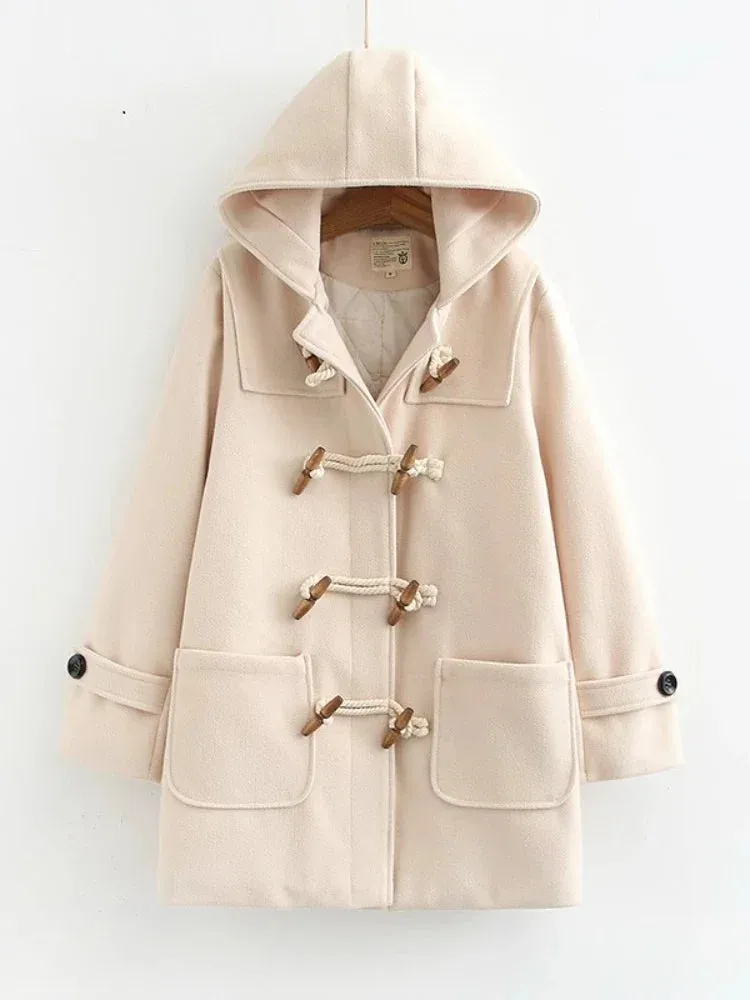 Metaversmall Winter Women Wool Blends Coat Straight Long Hooded Coats Jacket  Horn Button  Sleeve Preppy Style Female Warmness Outwears