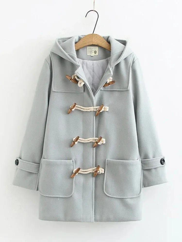 Metaversmall Winter Women Wool Blends Coat Straight Long Hooded Coats Jacket  Horn Button  Sleeve Preppy Style Female Warmness Outwears