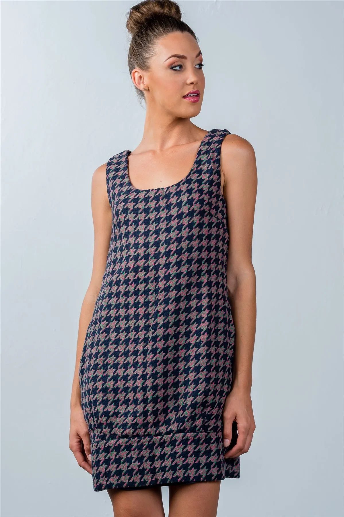 Multi Houndstooth Pattern Sleeveless Mini Dress