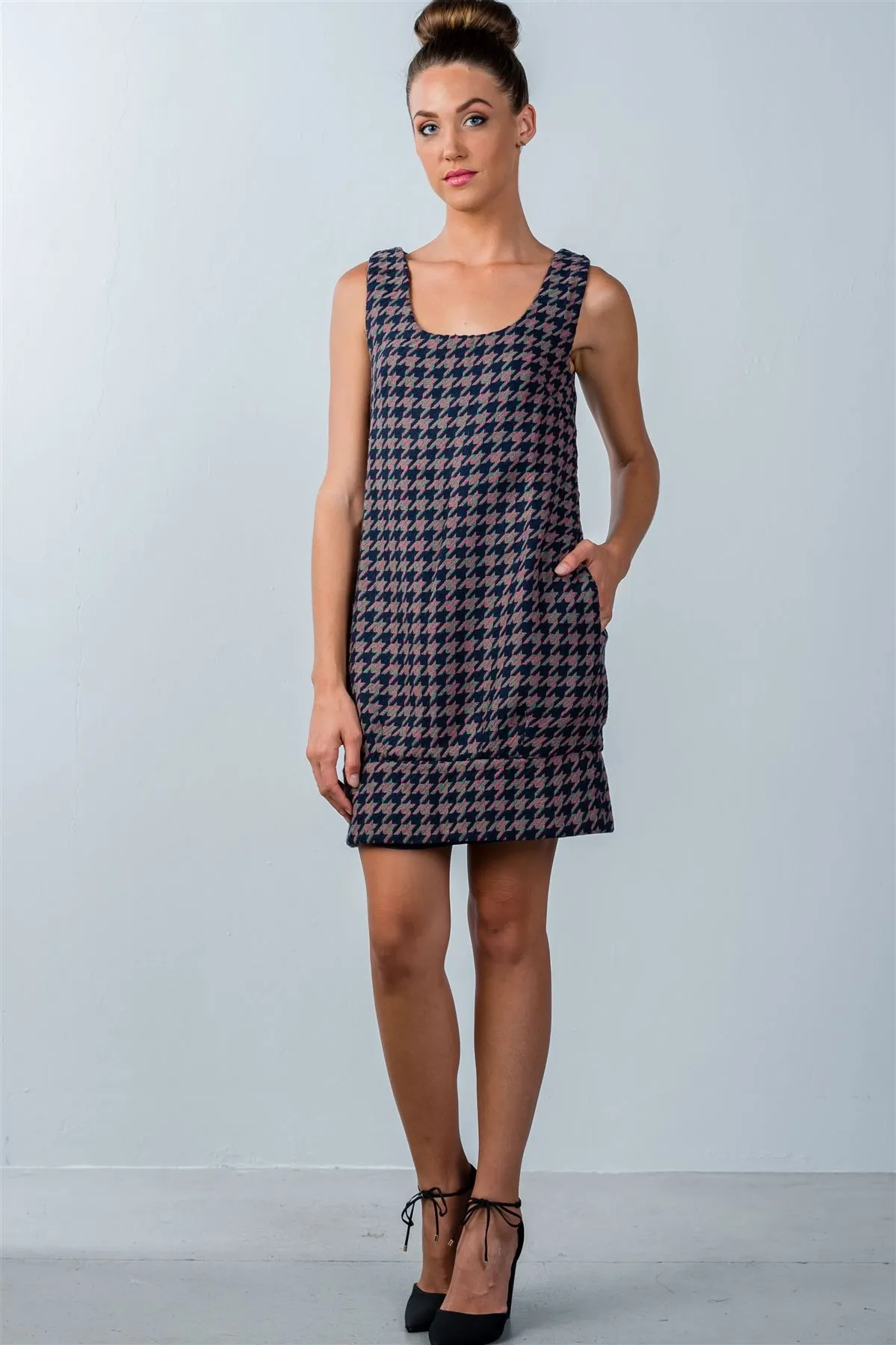 Multi Houndstooth Pattern Sleeveless Mini Dress