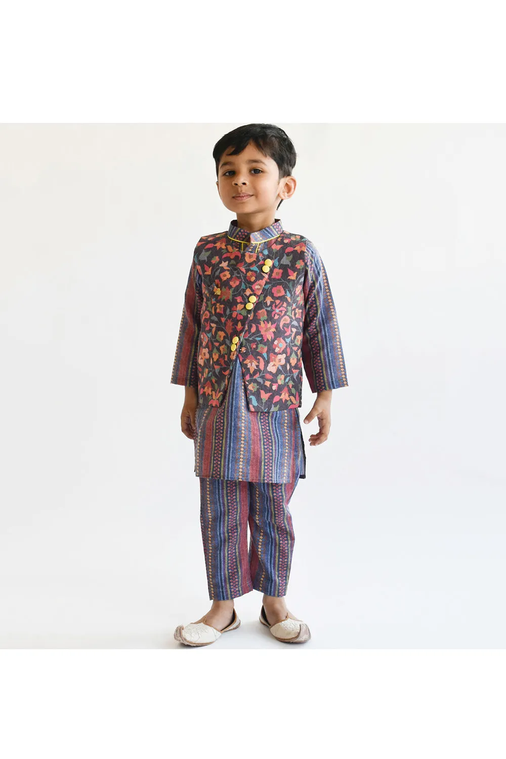 Multicolor Printed Cotton Kurta With Nehru Jacket Set