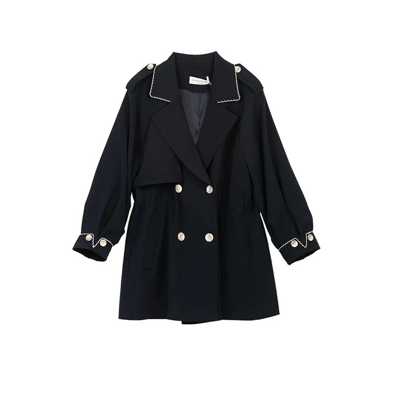 Navy Blue Lapel Waisted Double Breasted Trench Coats