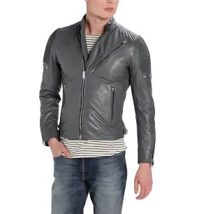 New Grey Cafe Racer Biker Leather Rider Jacket