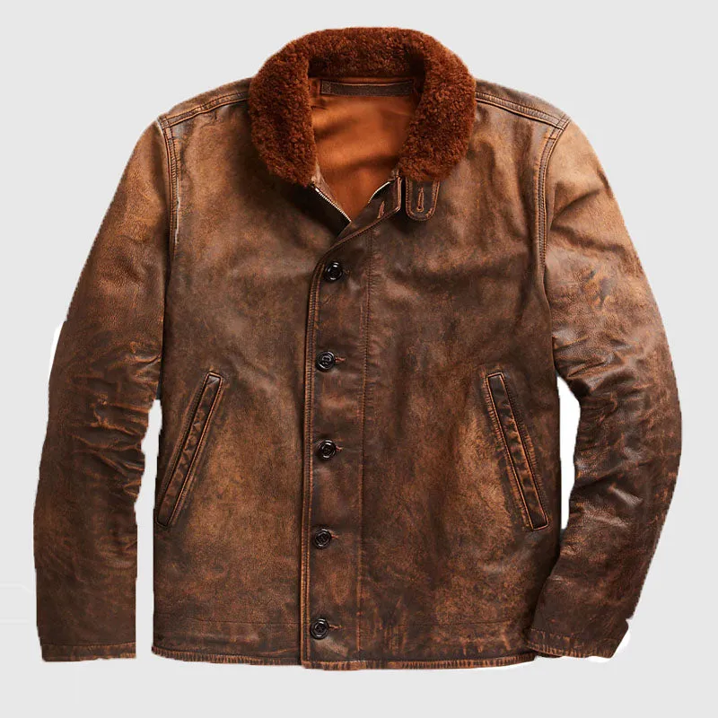 New High Quality Shearling Leather Deck Jacket Brown