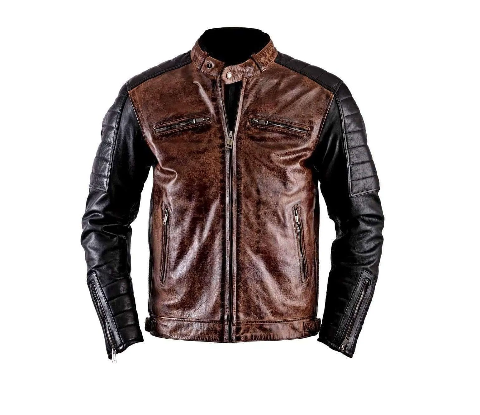 New Men's Biker Motorcycle Distressed Brown Black Moto Cafe Racer Leather Jacket