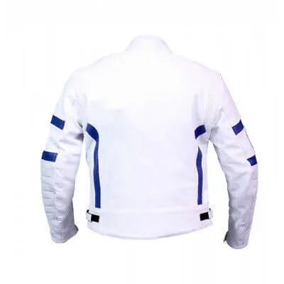 New Mens Full White Striped Motorbike Biker Cowhide Leather Jacket Safety Pads