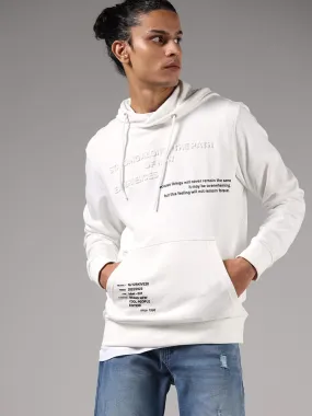 Nuon White Typographic Print Hoodie Cotton Blend Relaxed-Fit Sweatshirt