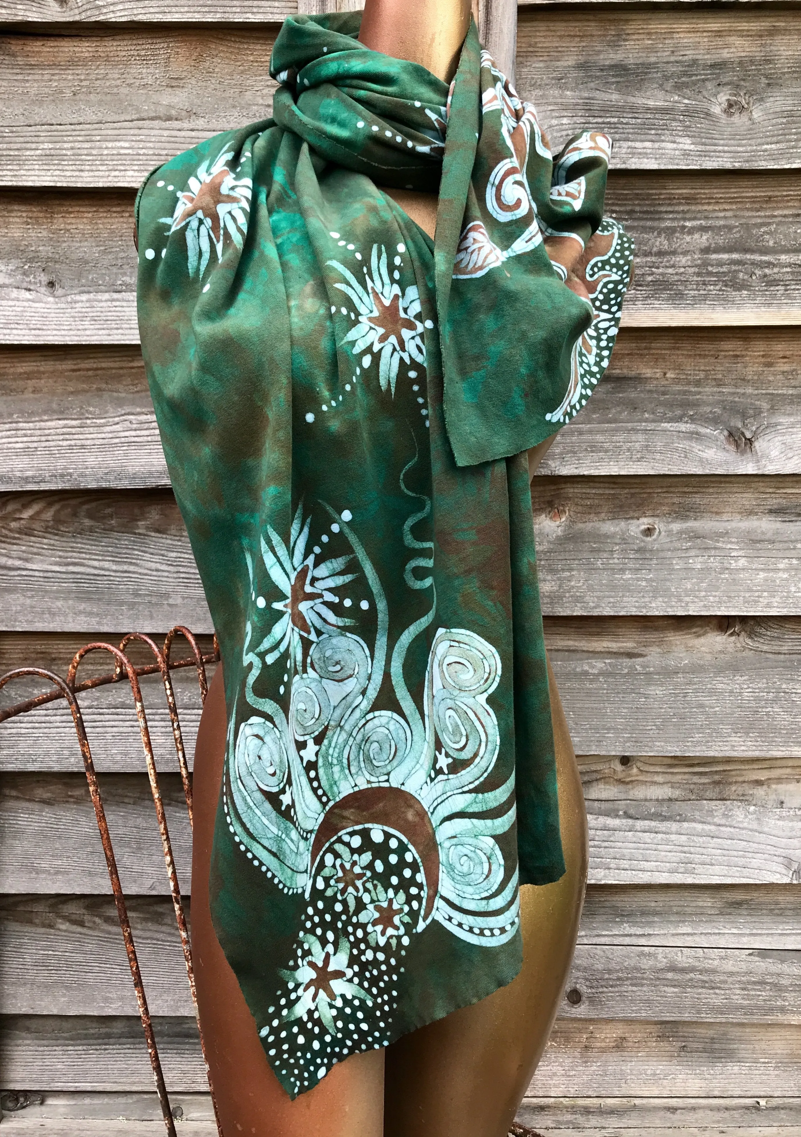 Oak Tree In Soft Green Moss Hand Painted Organic Cotton Batik Scarf