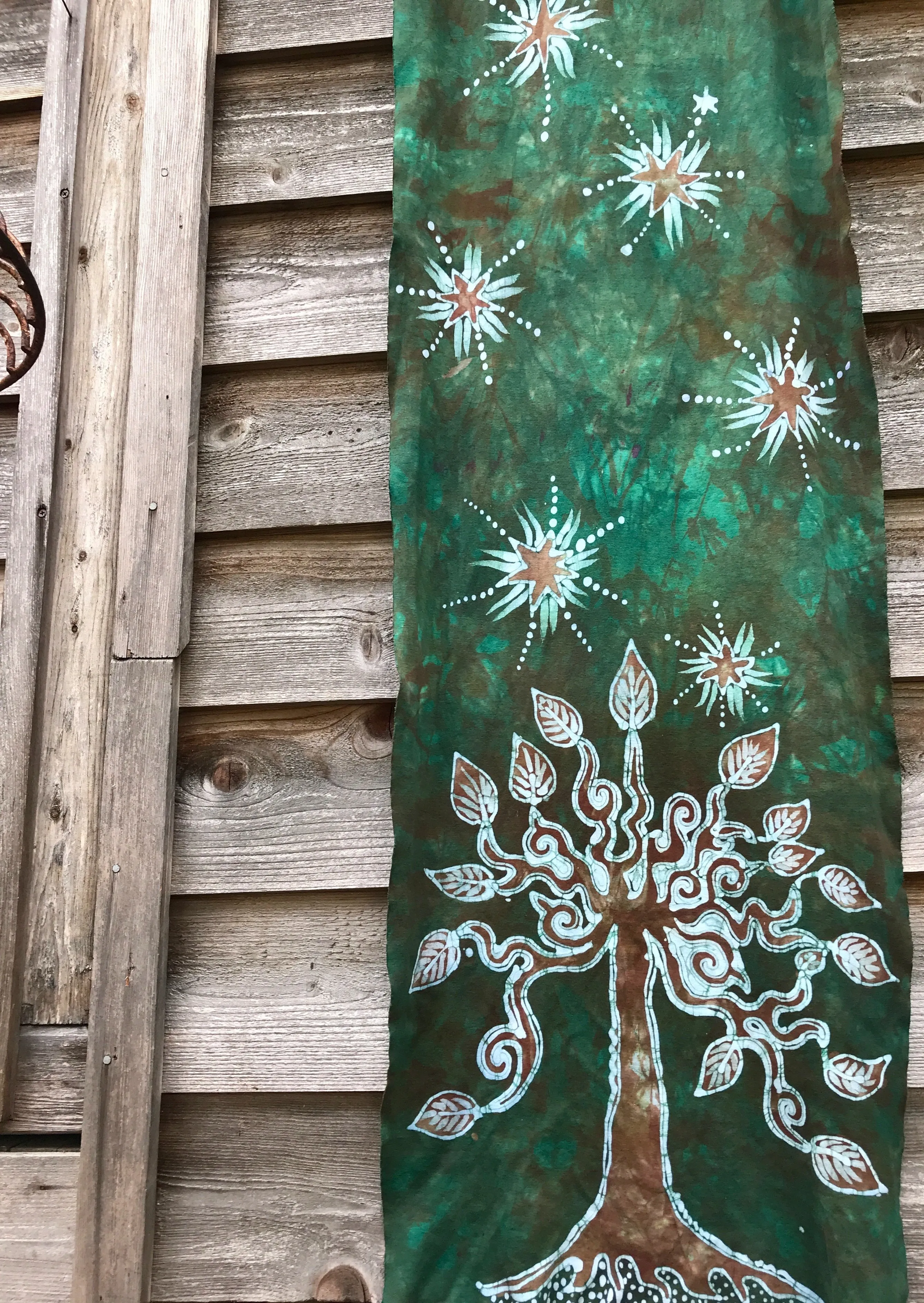 Oak Tree In Soft Green Moss Hand Painted Organic Cotton Batik Scarf