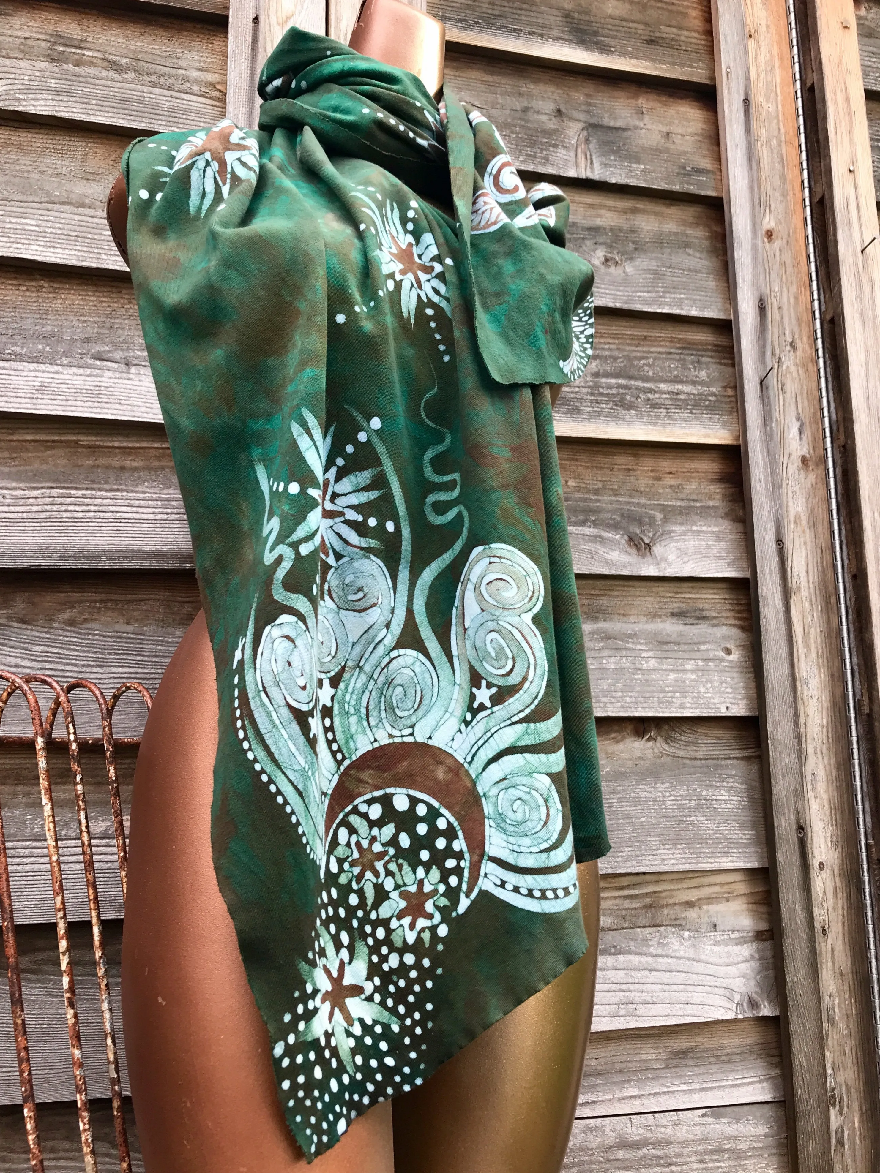 Oak Tree In Soft Green Moss Hand Painted Organic Cotton Batik Scarf