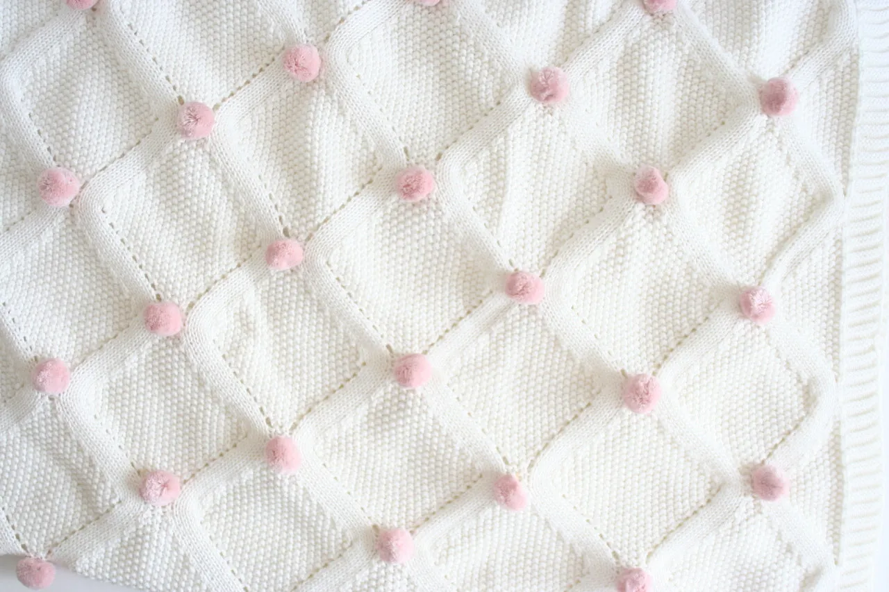 Organic Ivory & Pink Pom Pom Baby Blanket & bonus Emma Heart Shaped Rattle