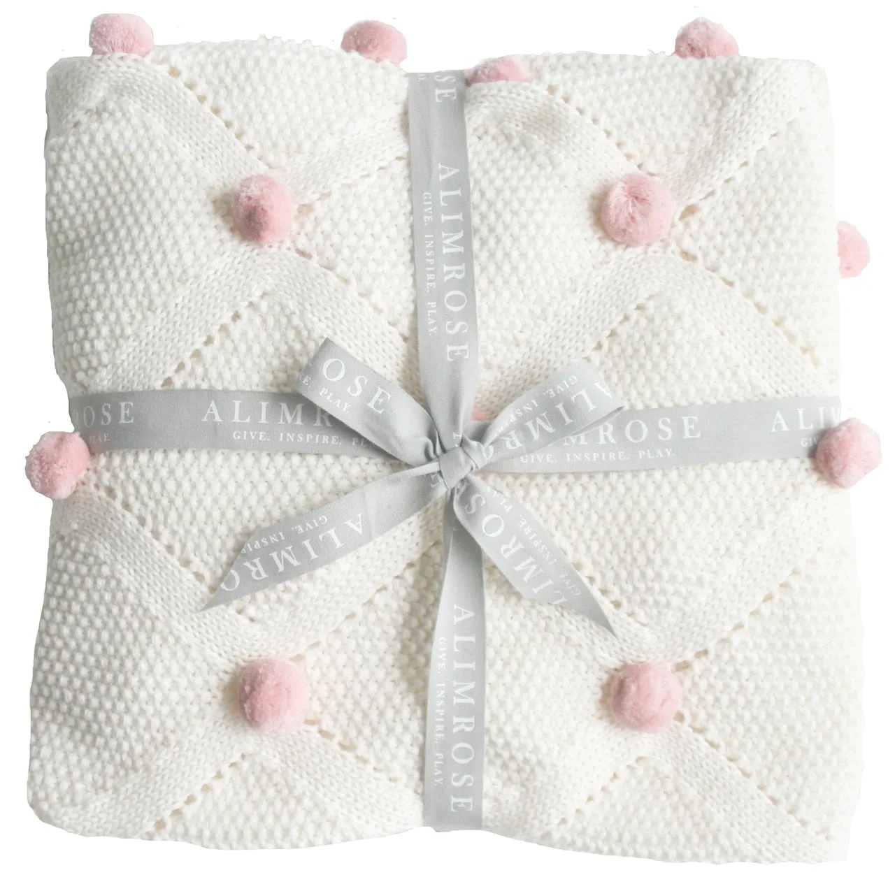 Organic Ivory & Pink Pom Pom Baby Blanket & bonus Emma Heart Shaped Rattle