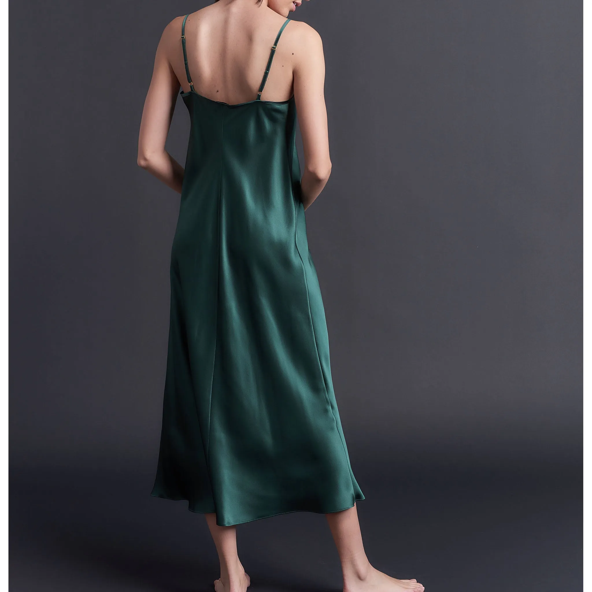 Paneled Slip Dress in Forest Green Bias Silk Charmeuse