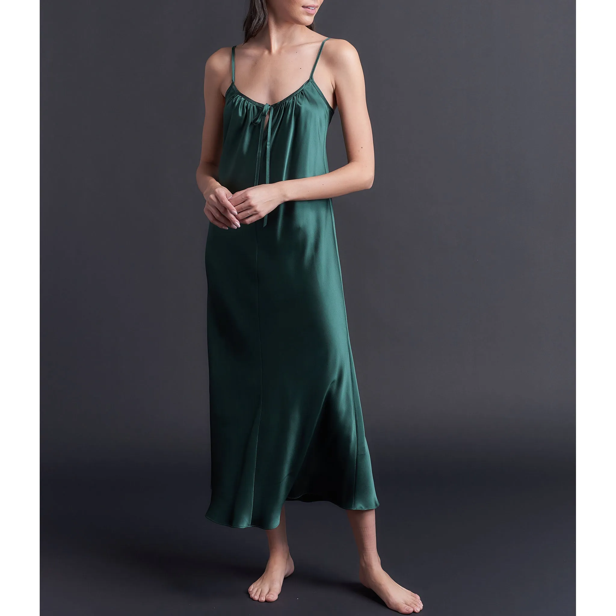 Paneled Slip Dress in Forest Green Bias Silk Charmeuse