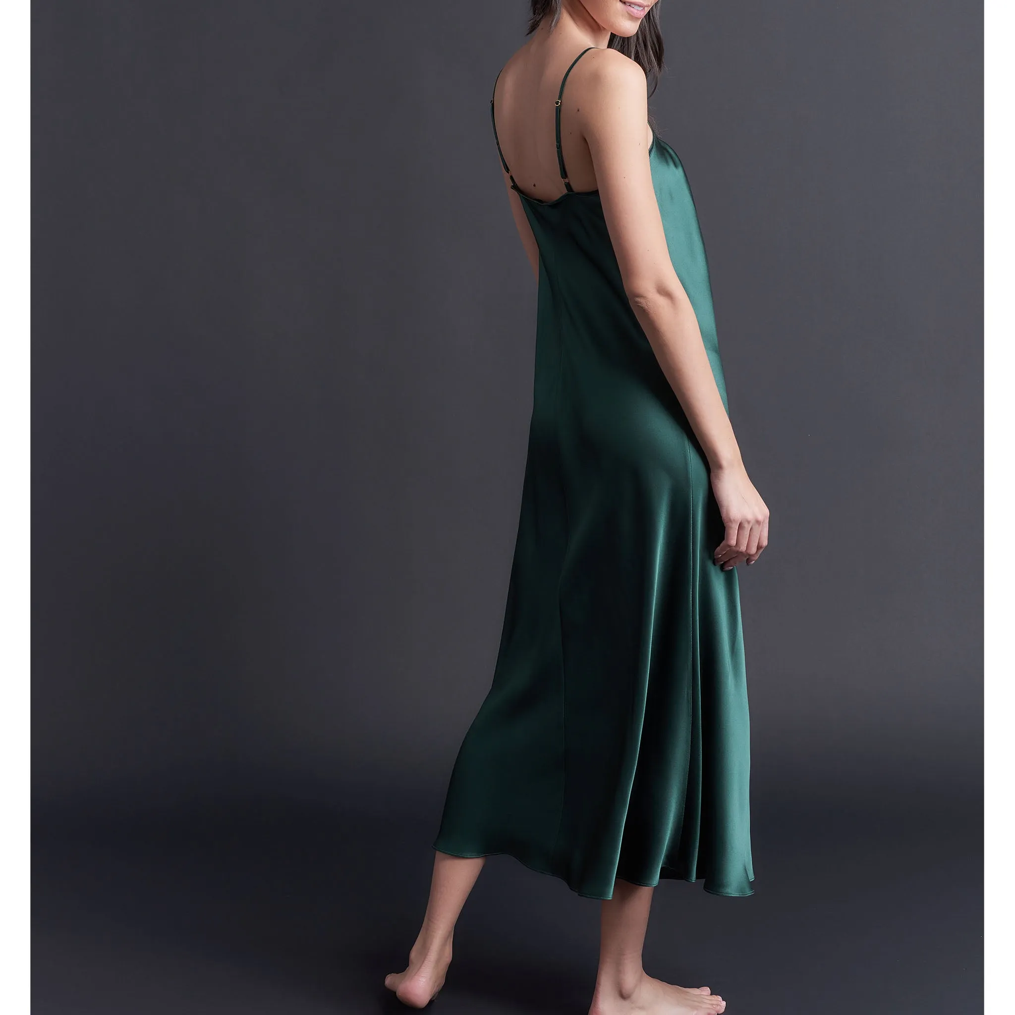 Paneled Slip Dress in Forest Green Bias Silk Charmeuse