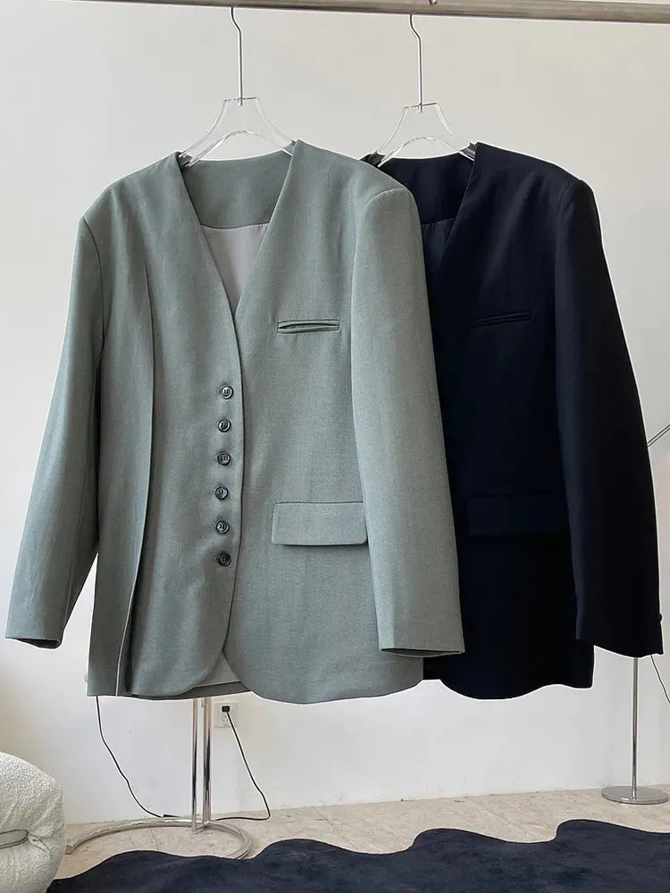 Patchwork Single Breasted Blazers For Women V Neck Long Sleeve Loose Casual Solid Blazer Female Fashion Clothing