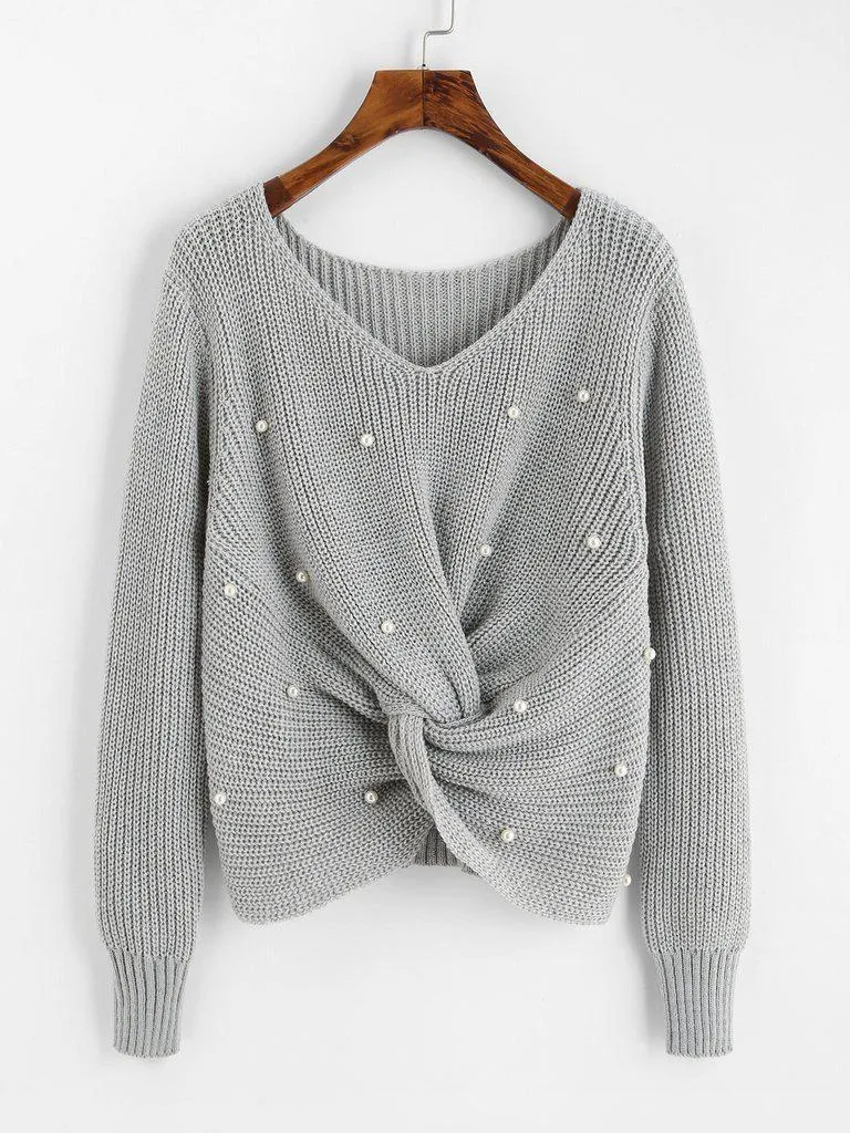 Pearl Beaded Detail Twist Sweater