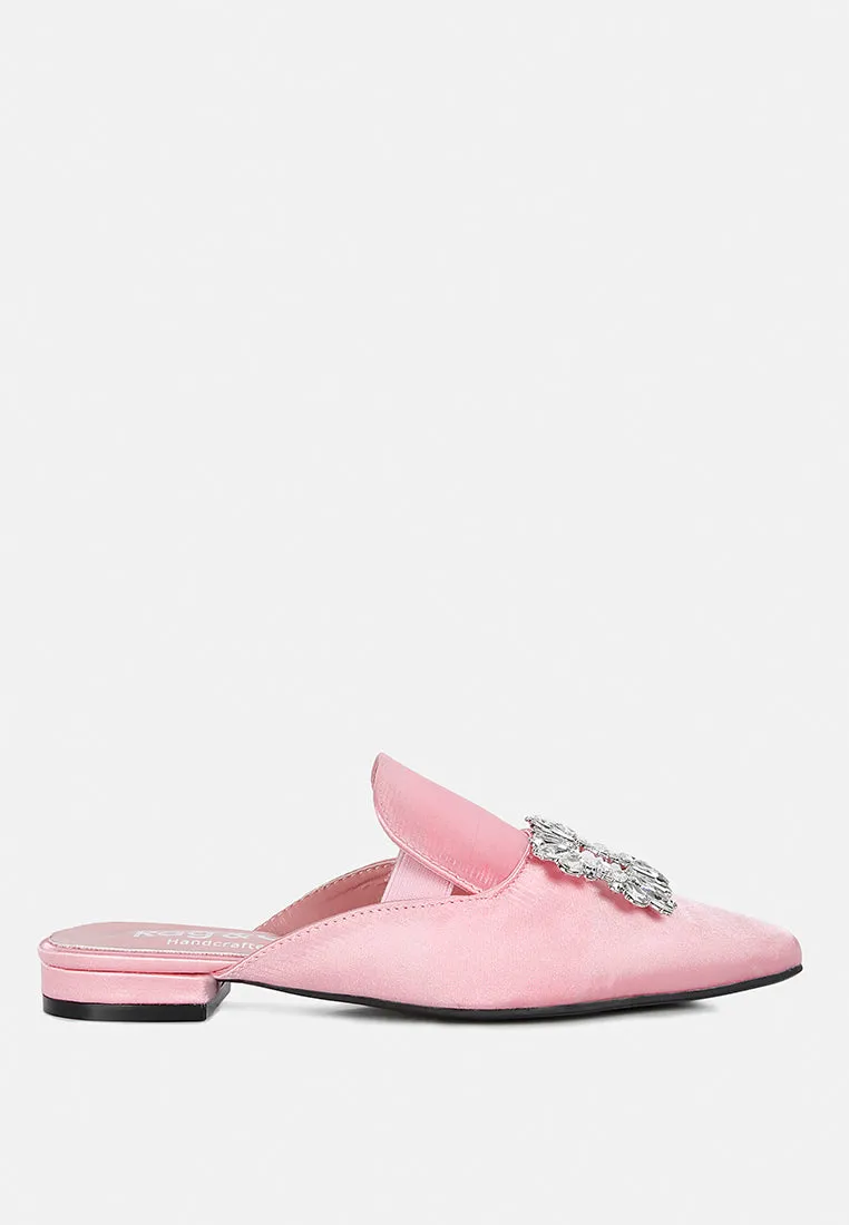 PERRINE Diamante Brooch Slip On Mules in Blush