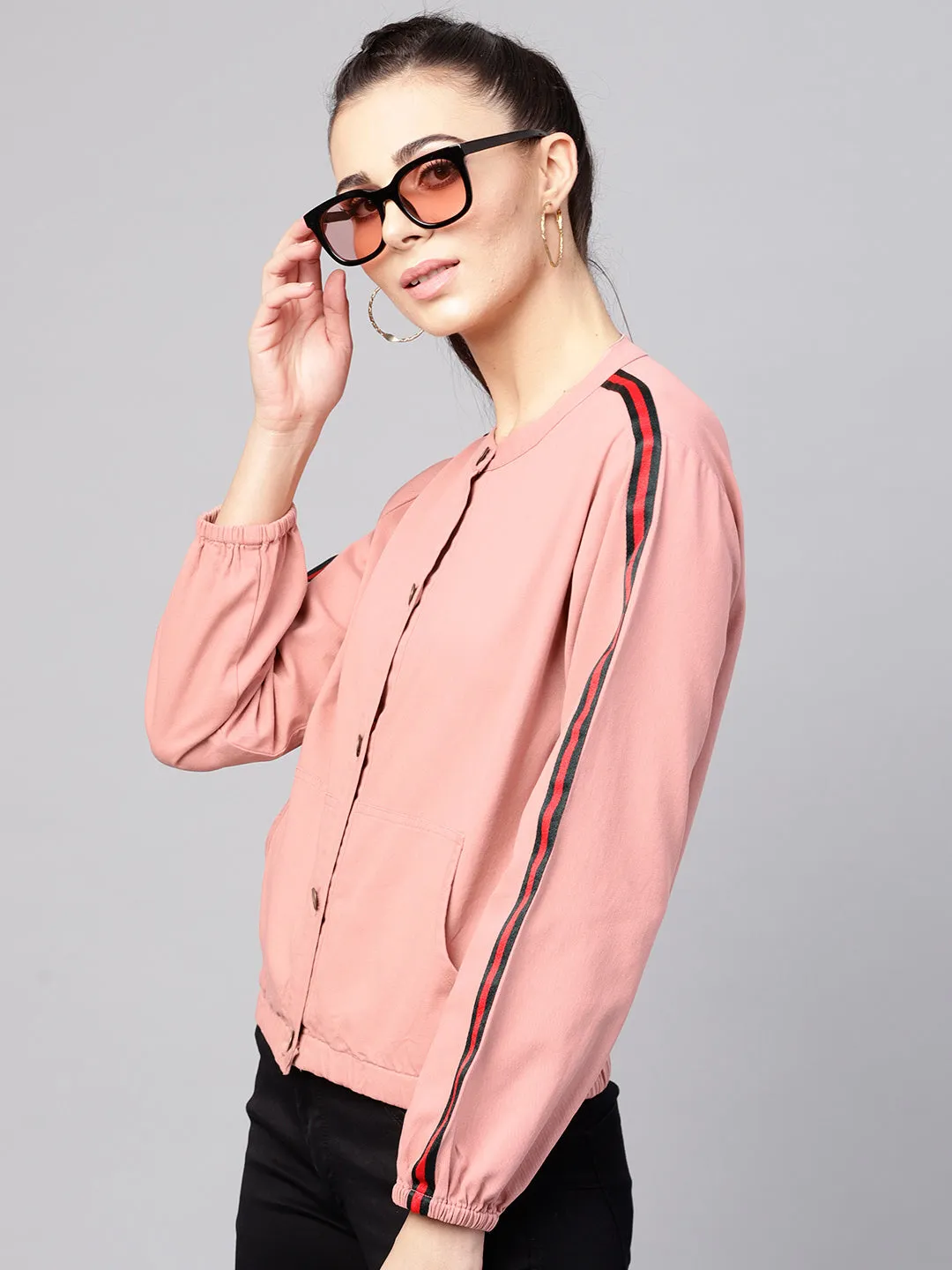 Pink Denim Bomber Sleeve Tape Jacket